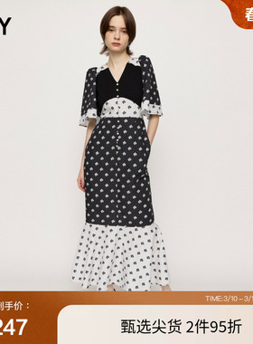 SLY 秋季复古少女花卉图案喇叭袖连衣裙女030GSZ33-4210