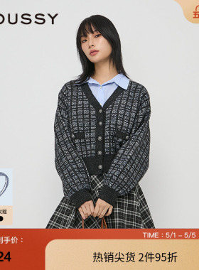 moussy 春季甜美小香风格纹慵懒感针织开衫028HSZ70-0231