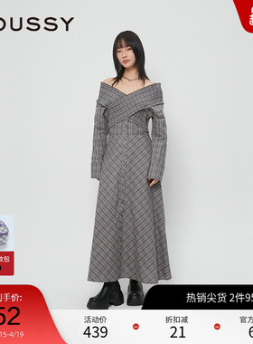 moussy 春季法式乡村田园一字领格纹连衣裙028HAH30-1761