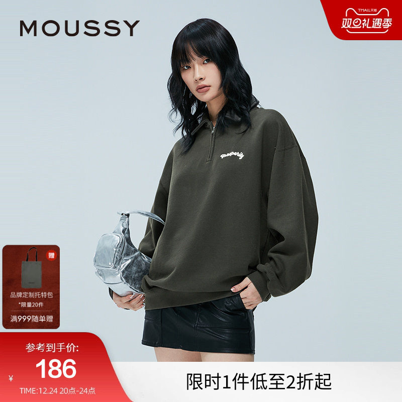moussy 冬季新品半拉链胸口复古刺绣POLO卫衣女028HA