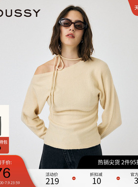 moussy 春季法式优雅斜肩蝴蝶结丝带针织衫010HAH70-4281