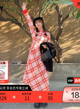 SLY 春季优雅复古风格纹收腰衬衫连衣裙女C38GAL33-2880