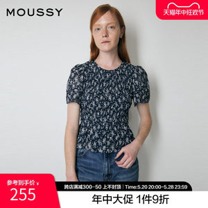 moussy奥莱春夏碎花打揽松紧圆领荷叶袖短袖衬衫女010FSH30-2200