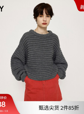 SLY 2023冬季新品泡泡袖条纹圆领简约风针织毛衣女030FAA70-2030