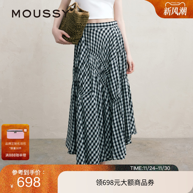MOUSSY 夏季文艺感不规则格纹半身裙女028ISA30-3021