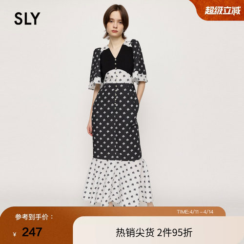 sly复古少女花卉喇叭袖连衣裙