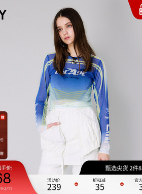 SLY 春季渐变色图案Y2K玫瑰透视薄纱T恤女030HSZ90-2590