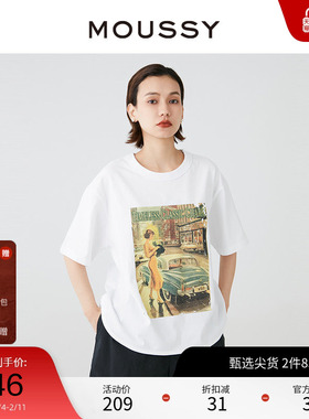 MOUSSY 春季美式复古海报印花休闲宽松圆领短袖T恤028HSA90-0671