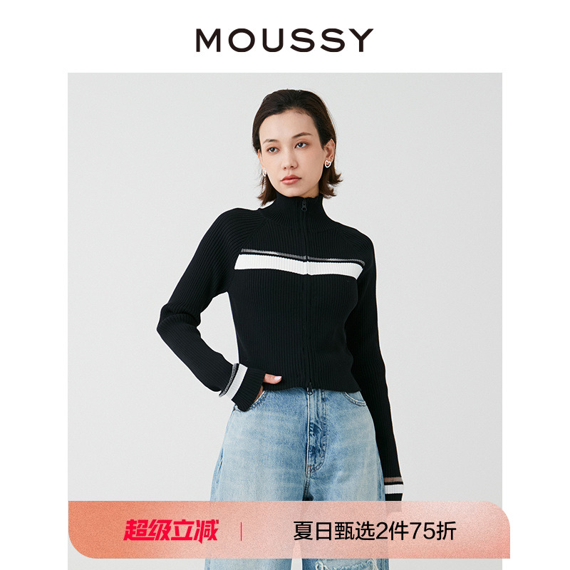 MOUSSY 2024办公室运动风高领修身针织开衫010HSA7