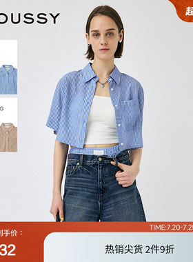 moussy 夏季日系复古格纹短袖宽松短款衬衫010IS430-3821