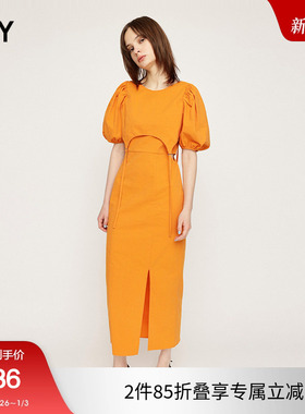 SLY 春季气质优雅泡泡袖两件套开叉连衣裙030HSI33-2041