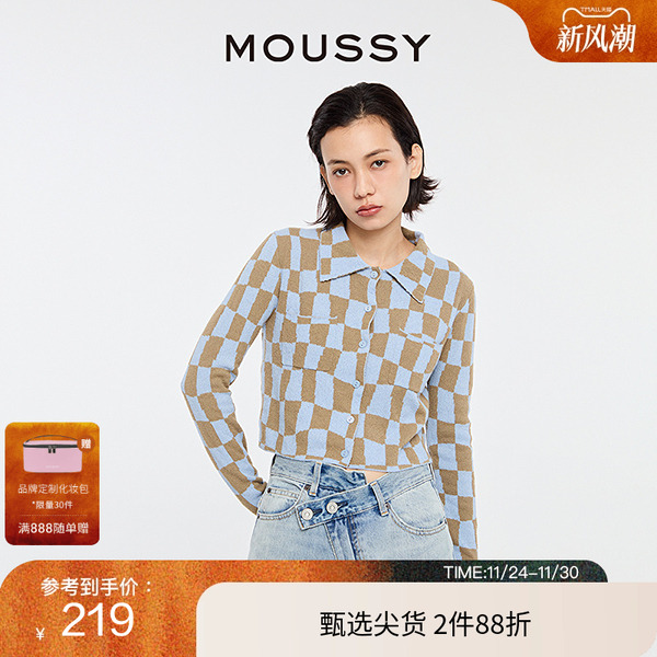 MOUSSY复古日系棋盘格针织开衫