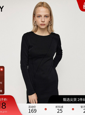 SLY奥莱 春季修身长袖竖条纹针织短款连衣裙女030FAY83-2570