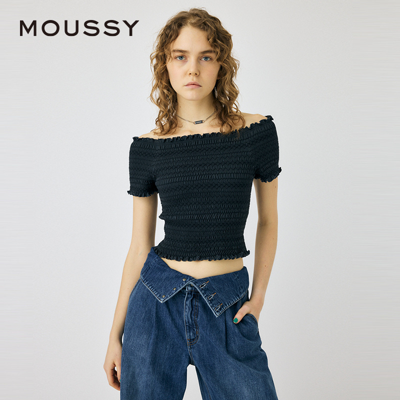 MOUSSY甜美日系荷叶边一字领上衣