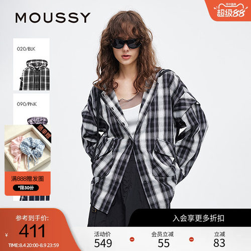 moussy 夏季复古街头撞色格纹连帽长袖衬衫028ISA30-2301