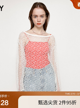 SLY 春夏透视网状镂空下摆开叉宽松长袖T恤030GSZ80-2190