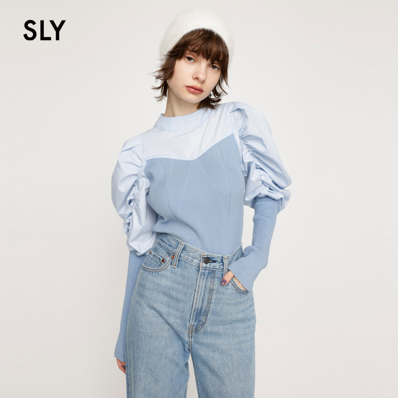 SLY春夏新品法式优雅甜美羊腿袖针织拼接衬衫030GAZ70-2