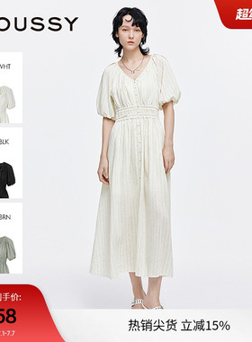 moussy 2025夏季新品法式优雅V领条纹衬衫连衣裙女028ISA33-1002