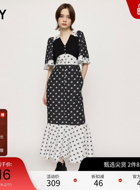 SLY 秋季新品复古少女花卉图案喇叭袖连衣裙女030GSZ33-4210
