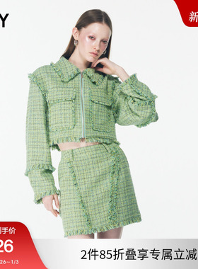 SLY 薄荷曼波小香风粗花呢拉链外套女030HSR30-0470