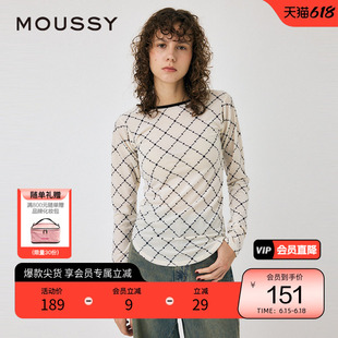 moussy 春季复古港风设计感菱格纹内搭上衣010HAA80-8561