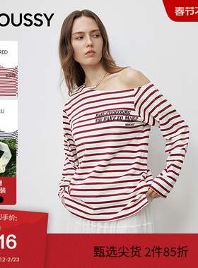 moussy 秋季性感慵懒斜肩条纹撞色长袖T恤028ISB80-1003