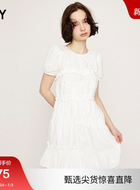 SLY 2025夏季新品法式田园风不规则木耳边连衣裙女030ISY33-2661