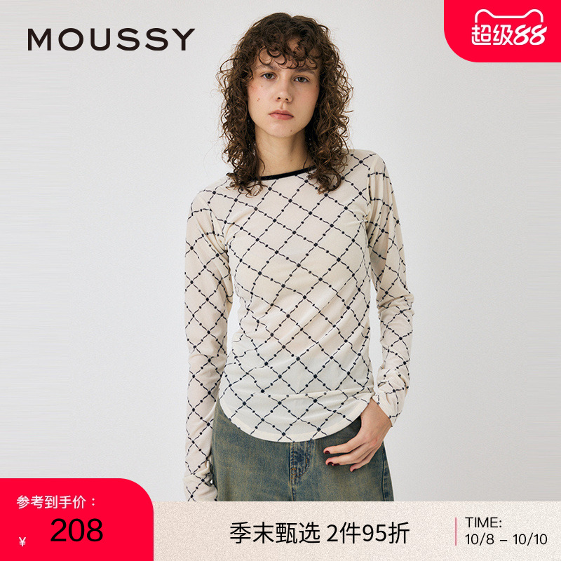 moussy 2024秋季新品复古港风设计感菱格纹内搭上衣010HAA80-8561
