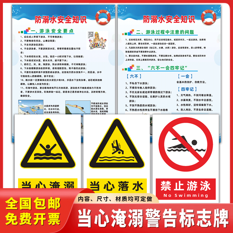 当心淹溺警告标识牌当心落水禁止游泳防溺水安全知识宣传栏海报图