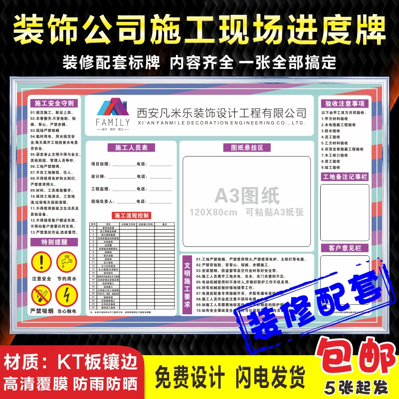装修装饰公司施工现场牌工程施工进度表标识牌形象牌施工警示牌现