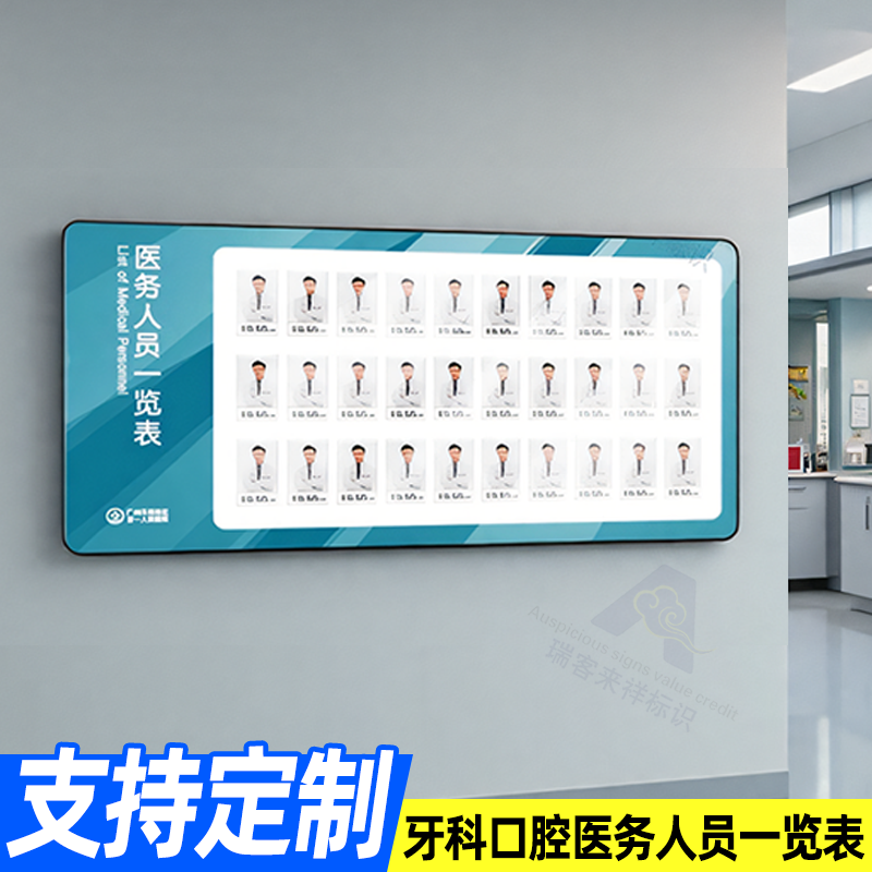门诊机构公示栏展示牌牙科口腔医务人员一览表医疗诊所科室形象照片上墙工作岗位值班医生护士医护信息亚克力