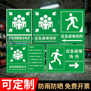 紧急疏散集合点标识应急避难场所间指示牌避险安全逃生标志提示墙贴纸消防标示标牌警急撤离警告标贴线路告示