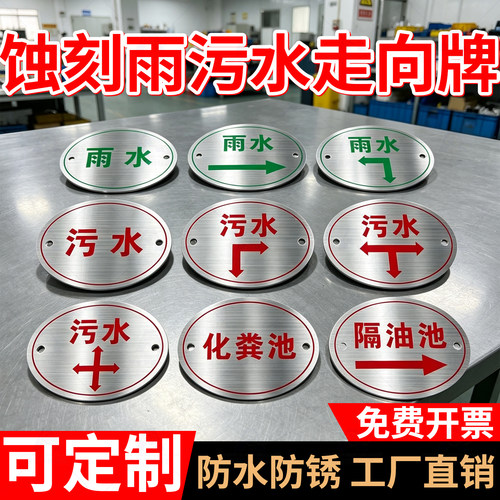 不锈钢地面标识牌雨水污水走向牌井盖管道电缆箭头蚀刻警示牌定制