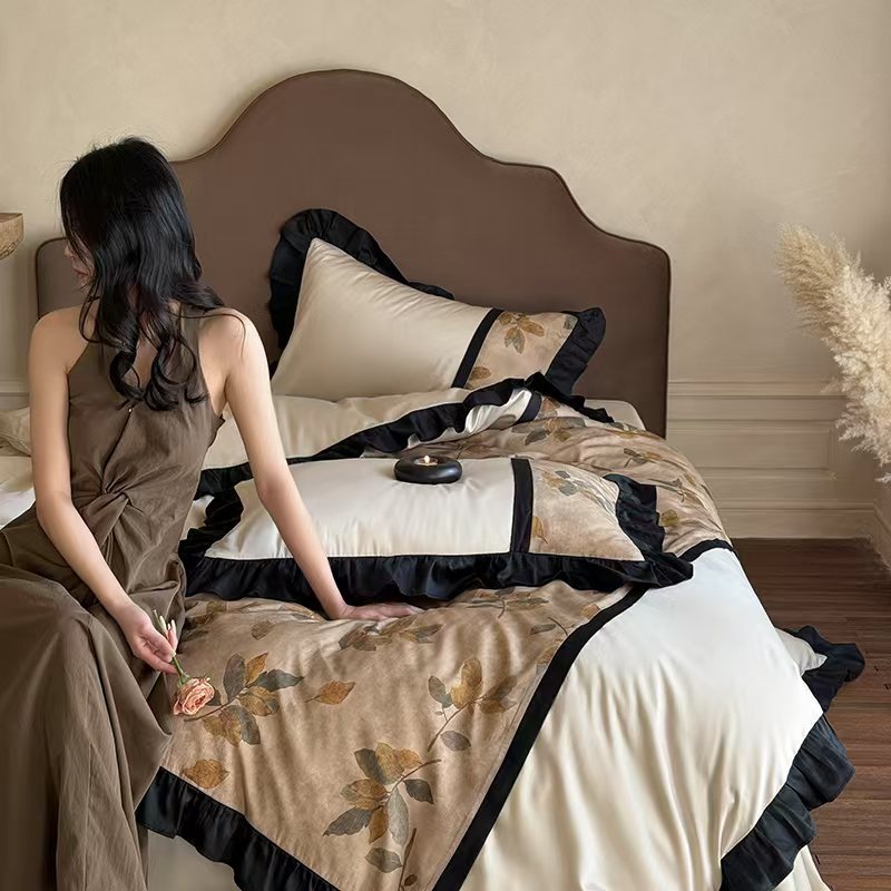 法式复古全棉纯棉印花高端花边轻奢简约高级感提花长绒棉四件套