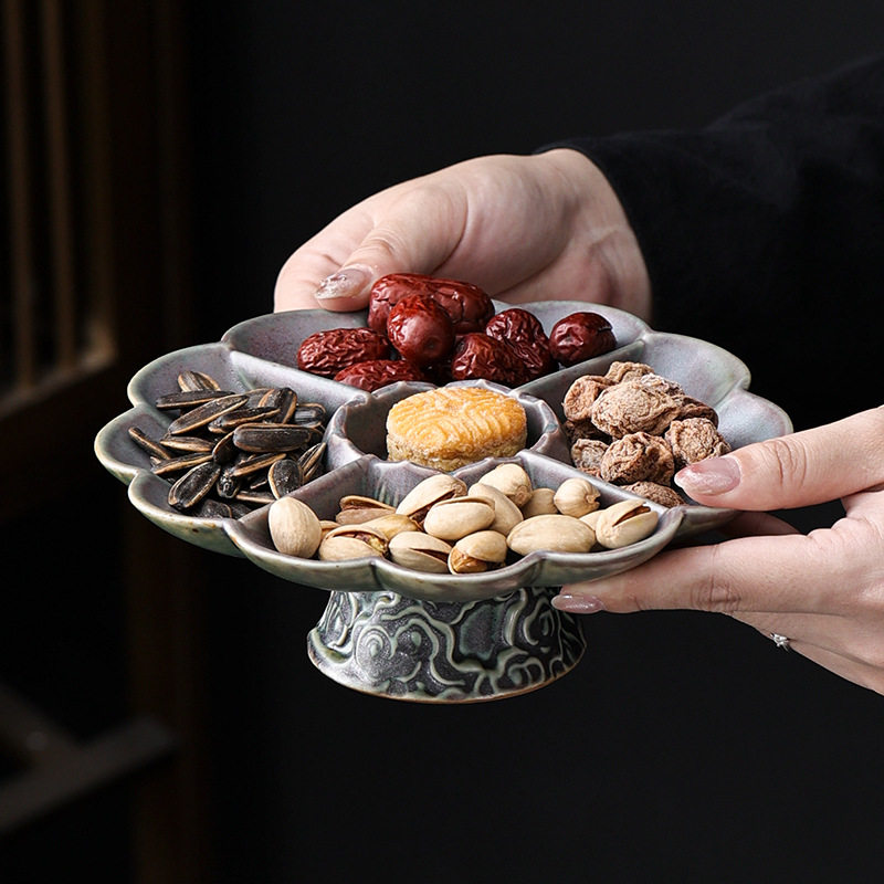 德化陶瓷复古祥云高脚茶点盘客厅点心坚果干果零食盘供佛果盘分格