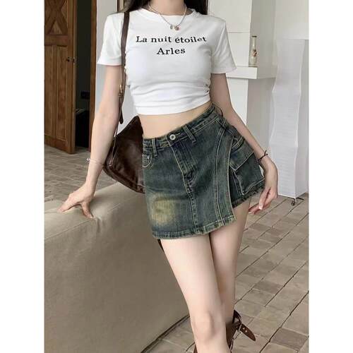 复古牛仔半身裙女春季设计感小众包臀裙子高腰a字短裙防走光裙裤