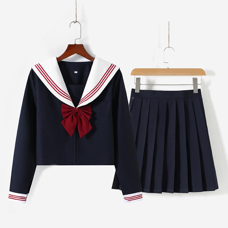 厂家供应 日系JK制服白领红三本水手服学院风春秋款百褶裙套装