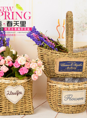 田园手工草编花篮藤编 编织多肉花篮装饰手提篮筐花器 室内摆件定