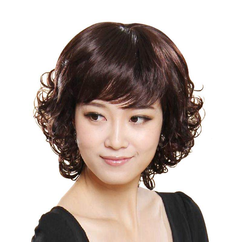 蓬松修脸假发女短发中长卷发中老年真发假发套自然风格斜刘海礼物