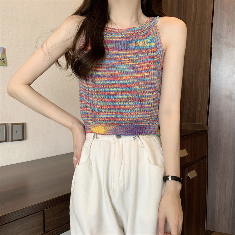 小众时髦彩虹针织吊带背心女夏季设计感撞色内搭外穿短款无袖上衣