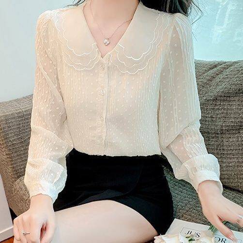 2026年春装长袖娃娃领雪纺衬衫女女装修身显衬衣上衣女3D宽松型