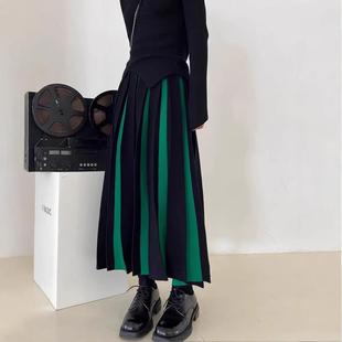 秋冬毛线拼色中长款a字裙子半裙女白色伞裙冬高腰百褶针织半身裙