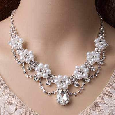 欧气水钻珍珠新娘饰品两件套 韩版结婚首饰 礼品耳环项链