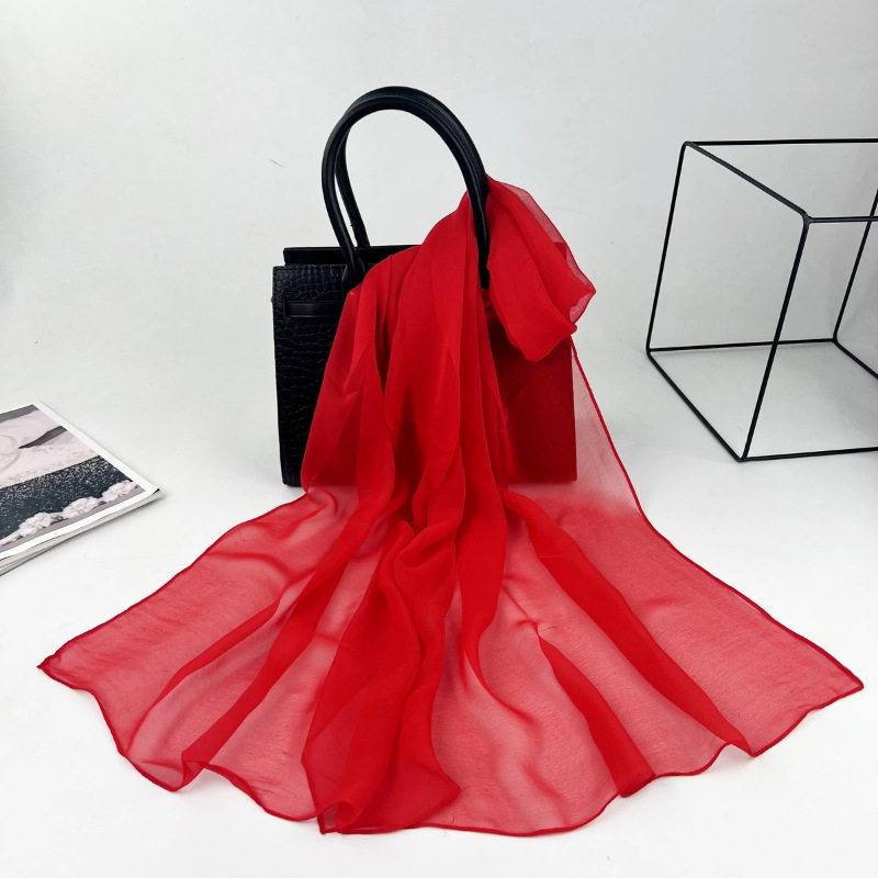 色雪纺长巾50*160高级感长条丝巾真丝感乔其纱巾女丝绸薄款围巾