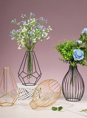 北欧ins铁艺几何透明玻璃装饰花瓶 家居桌面干花植物插花花瓶摆件