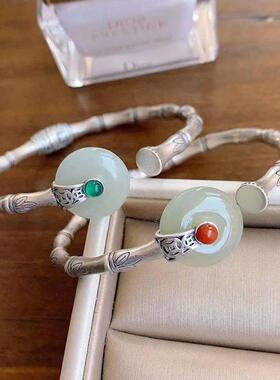 复古时尚竹节款女简约开口云南白安扣古风手镯女实心国风手环