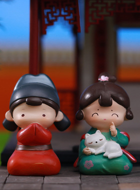 青梅竹马古风情侣微景观摆件桌面手办公仔树脂人物车载摆件装饰品