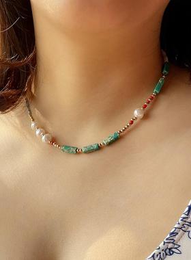 波西米亚风项链女夏玛瑙绿色半宝石时尚手工锁骨颈链饰品