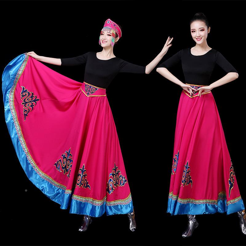 广场舞春款 藏族蒙古族舞蹈半身长裙大摆裙 民族舞新演出服装
