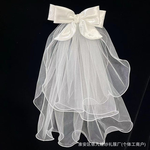 披发新娘超仙短款小头纱新娘结婚拍照领证登记蝴蝶结蓬蓬纱头定制